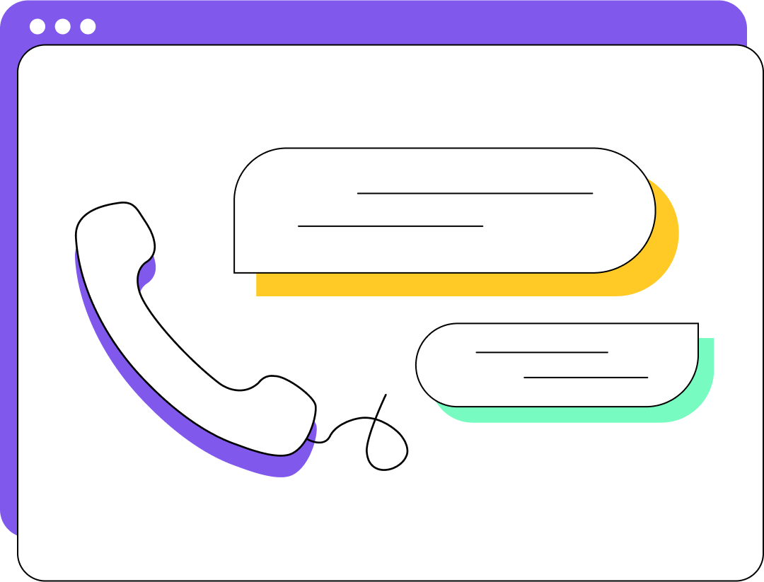 Communication illustration with phone receiver and speech bubbles in a browser window.